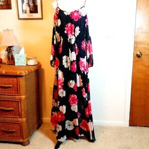 CALVIN KLEIN LONG SLEEVE COLD SHOULDER SPAGHETTI STRAP FLORAL MAXI DRESS  M/L ?*